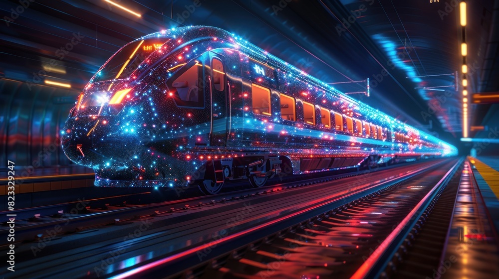 Abstract polygonal 3d wireframe of modern train at railway station. Digital vector mesh looks like starry sky. Rapid transit system, transportation, railway concept Abstract polygonal 3d wireframe of modern train at railway station. Digital vector mesh looks like starry sky. Rapid transit system, transportation, railway concept