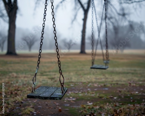 Empty swings swaying in a deserted park, overcast skies, gentle breeze somber atmosphere, high resolution, emotional stillness 