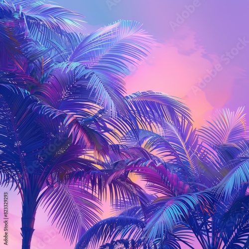 Retro Palm Leaves in Retrowave Pastel Colors on Tropical Beach