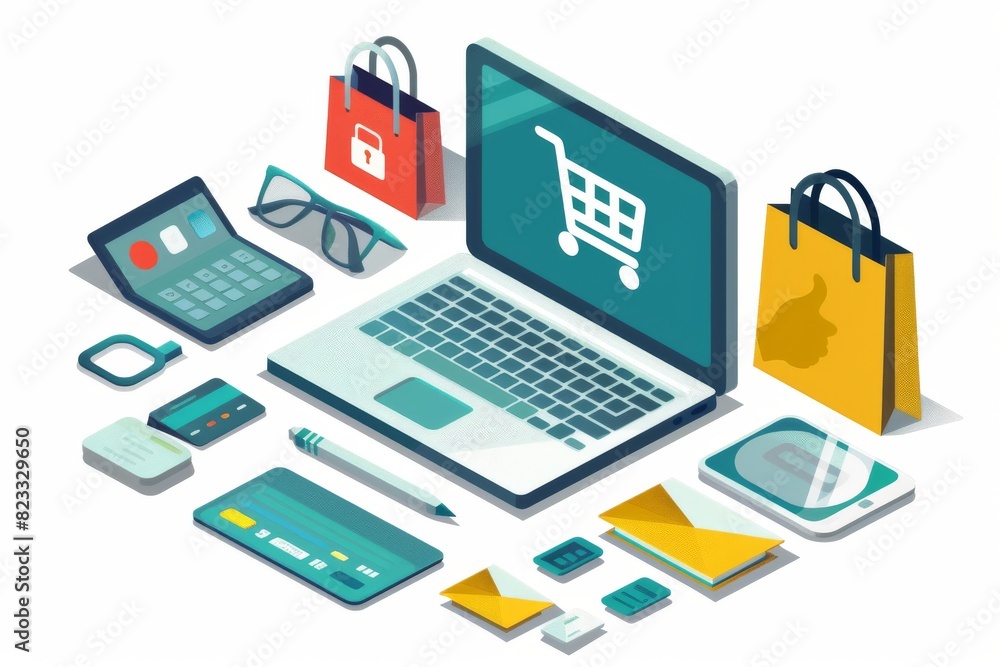 Vector Illustration of E commerce Security with Digital Locks, Shopping Icons, and Financial Elements Vector Illustration of E commerce Security with Digital Locks, Shopping Icons, and Financial Elements