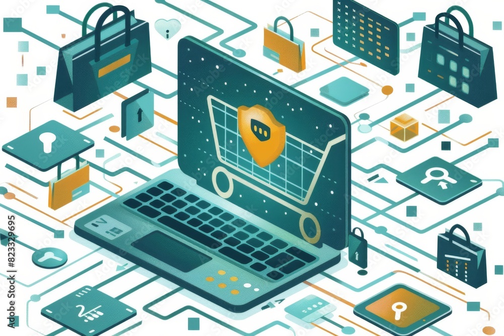 Futuristic Illustration of E commerce Security with Digital Locks, Technology Icons, and Shopping Elements Futuristic Illustration of E commerce Security with Digital Locks, Technology Icons, and Shopping Elements