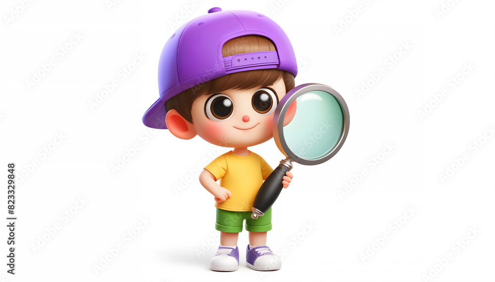 Junior Detective! 3D Caricature Captures Kid on a Mission with a Magnifying Glass, The World's a Mystery! 3D Illustration Shows Curious Kid with a Giant Lens Junior Detective! 3D Caricature Captures Kid on a Mission with a Magnifying Glass, The World's a Mystery! 3D Illustration Shows Curious Kid with a Giant Lens