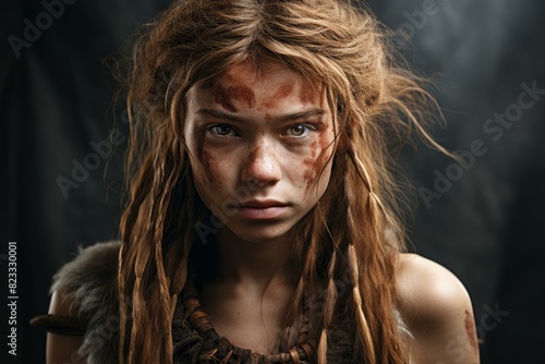 Close-up portrait of a young woman in warrior makeup, exuding a powerful and primitive strength