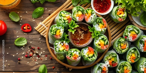 Fresh spring rolls on a bamboo mat, dipping sauce, vibrant vegetables healthy and delicious, top-down view, appetizing colors