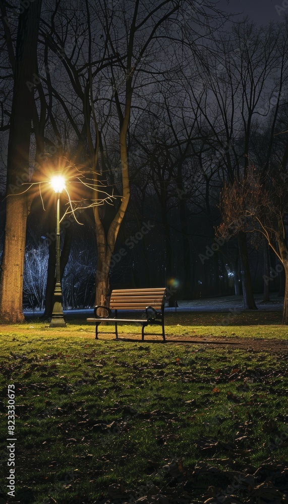 Fototapeta premium Empty public park at night with illuminated lights on, benches, and peaceful atmosphere