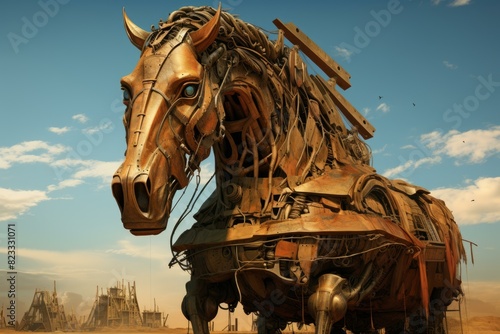 Dangerous Trojan horse. Troy horse travel. Generate Ai photo