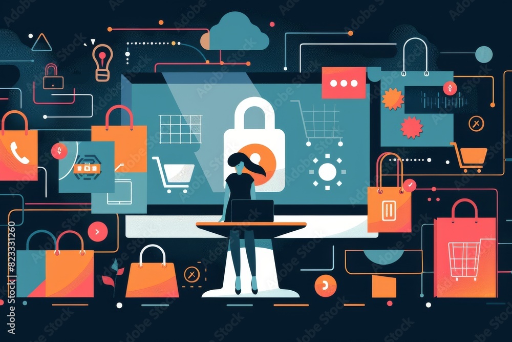 Futuristic Illustration of E commerce Security with Digital Locks, Technology Icons, and Shopping Elements Futuristic Illustration of E commerce Security with Digital Locks, Technology Icons, and Shopping Elements
