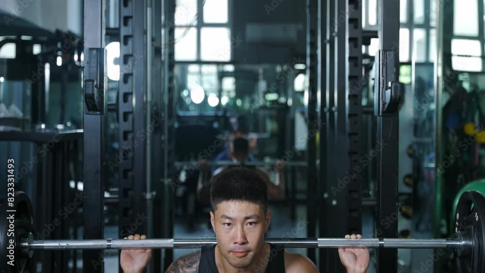 Portrait sportsman bodybuilder in sportswear doing squatting weightlifter with barbell raised on his shoulders exercises for muscles of the buttocks and thighs Portrait sportsman bodybuilder in sportswear doing squatting weightlifter with barbell raised on his shoulders exercises for muscles of the buttocks and thighs