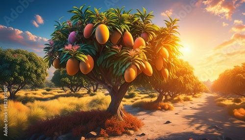 Mango tree photorealistic, detailed, colorful, high mango.arbre, fruit, orange, aliment, agrumes, branch ages, agricultura, mûr, feuille, nature, plante mango fruit tree  photo