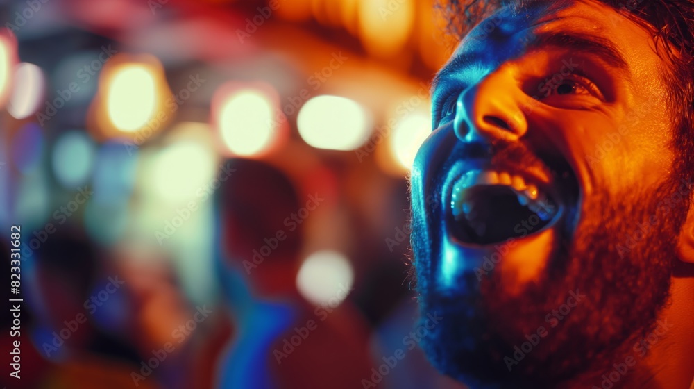 Ecstatic Soccer Fans Cheering in a Vibrant Stadium Atmosphere During a Thrilling Match, Expression of Joy, Excitement, and Celebration Ecstatic Soccer Fans Cheering in a Vibrant Stadium Atmosphere During a Thrilling Match, Expression of Joy, Excitement, and Celebration