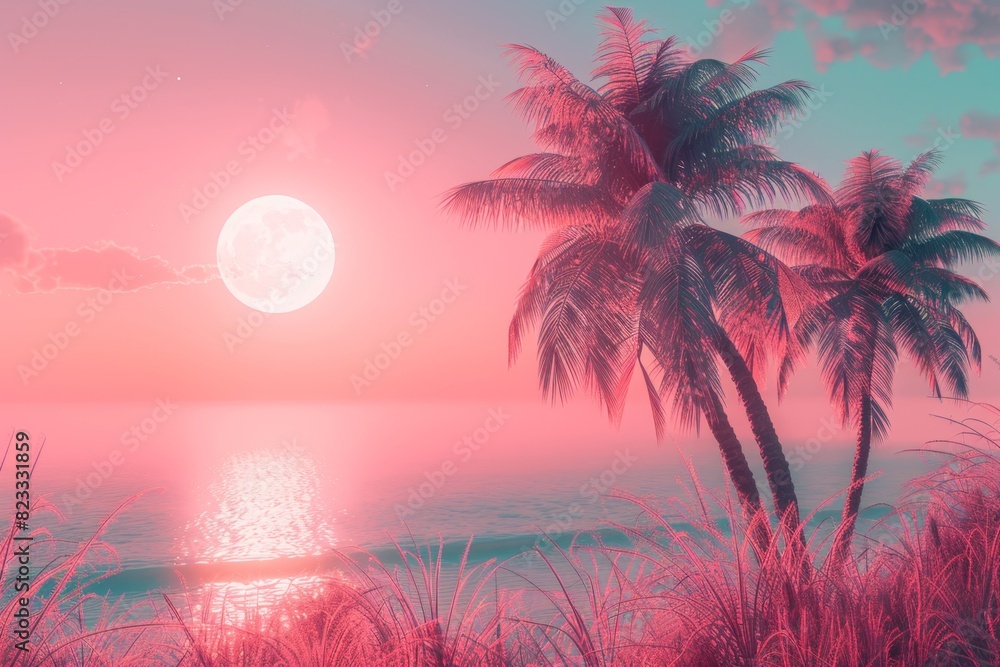 Palm Trees in Retrowave Pastel Colors on Tropical Beach

