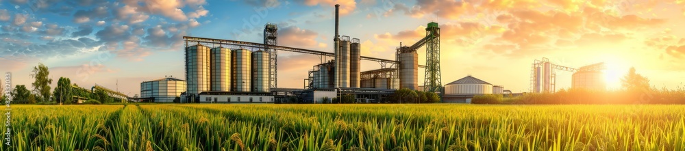 A large modern factory with green fields of rice under the sunset sky, providing a panoramic view A large modern factory with green fields of rice under the sunset sky, providing a panoramic view