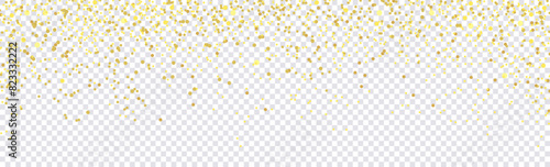 Wide gold glitter holiday confetti isolated on checkered background, vector illustration. Confetti particles fly in the air.