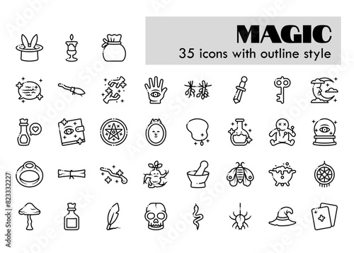 magic and witchcraft outline style icon set