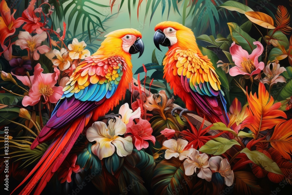 Colorful illustration of two parrots among exotic flowers, showcasing nature's beauty Colorful illustration of two parrots among exotic flowers, showcasing nature's beauty