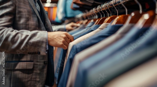 Man choosing suit jacket in a clothing store.
