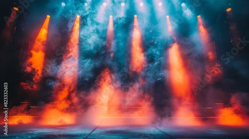 A concert scene with intense red smoke and bright spotlights, creating an atmosphere of anticipation and excitement