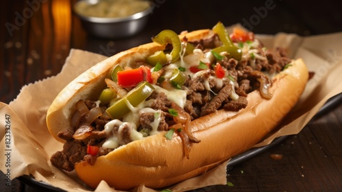 Close-up view of sizzling and flavorful Philly cheesesteak