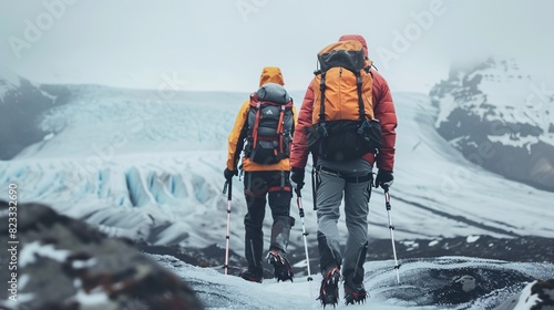 Explorers trekking on a glacier in Iceland with safety gear.