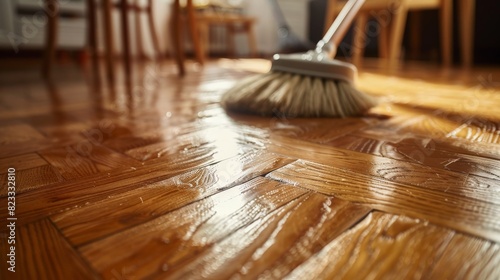 Scrubbing the floor with a brush photo