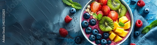 Healthy smoothie bowl with fresh fruits  overhead shot  vibrant colors  nutritious wellness snack