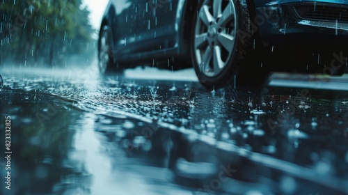 Car driving through a puddle on the road, splashing water. photo