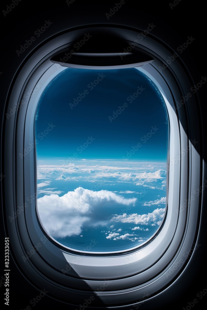 View of clouds and sky through airplane window View of clouds and sky through airplane window