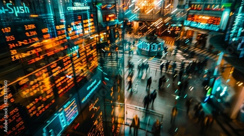 An aerial view captures the organized chaos of the futuristic stock market floor with traders and their holographic screens blending together in a mesmerizing display.