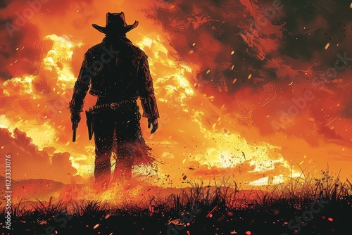 Silhouette of a cowboy standing against a fiery sunset, embodying the wild west with dramatic flames and rugged landscape in the background.