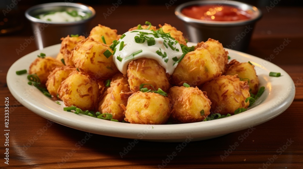 Plate piled with cheesy tater tots Plate piled with cheesy tater tots