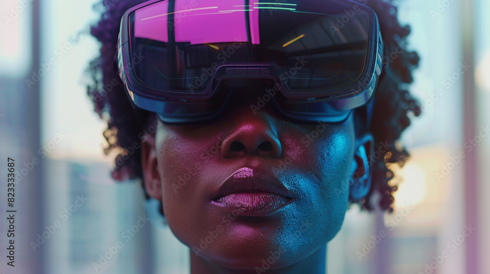 Portrait of a person in VR googles. Portrait of a person in VR googles.