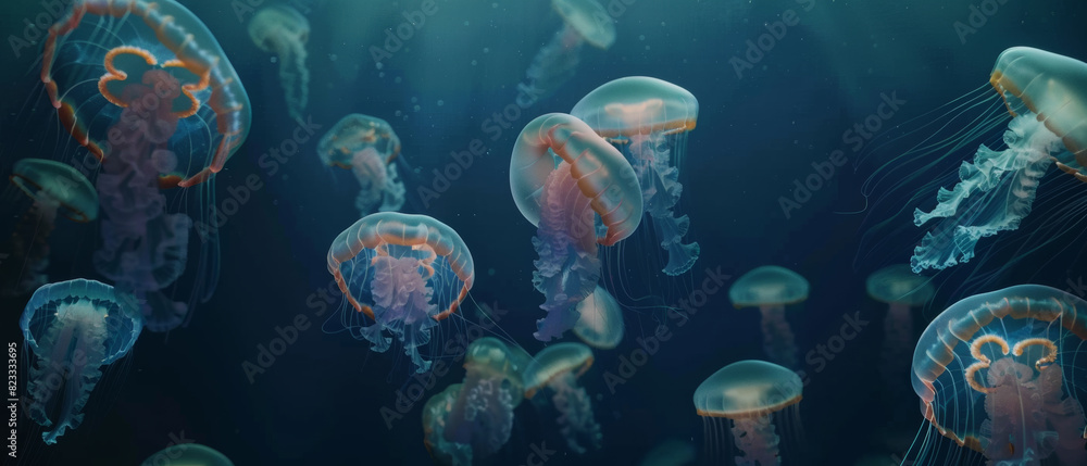 A mystical swarm of jellyfish effortlessly drifts in the deep blue aqueous world. A mystical swarm of jellyfish effortlessly drifts in the deep blue aqueous world.