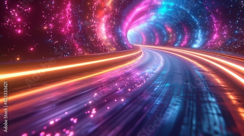 Swirling neon lights in a 3D rendered tunnel creating a sense of movement and futuristic travel through space