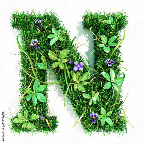 Green organic grass with tiny flowers made letter N on white clean background. Environment concept. Generative AI © AngrySun