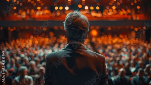 Back view of a man poised to address a large gathered audience in a theater setting