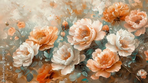 Oil painting of beautiful blooming flowers in soft peach and cream colors