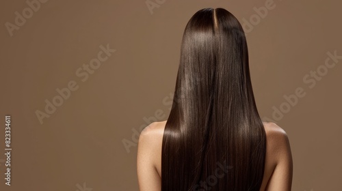 Rear view of a beautiful brunette woman with long smooth straight hairs on isolated background with space for copy --ar 16:9 Job ID: ce535cf8-435d-4080-a90d-2f0fb3c368ae