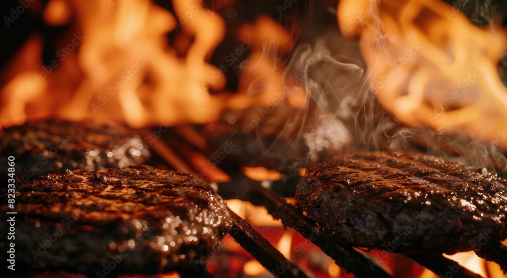 A closeup of burgers on the grill, with flames in background. The burger patty is well done and has sizzling red meat texture. a dramatic and visually appealing scene A closeup of burgers on the grill, with flames in background. The burger patty is well done and has sizzling red meat texture. a dramatic and visually appealing scene