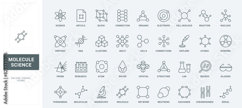 Model of molecule with chains and atoms network, particles thin black and red outline symbols, vector illustration. Molecular structure in scientific physics and chemistry research line icons set