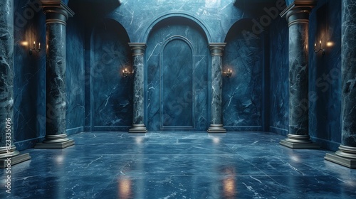 This image shows a spacious and elegant marble hallway with classical columns and arches, in a luxurious setup photo