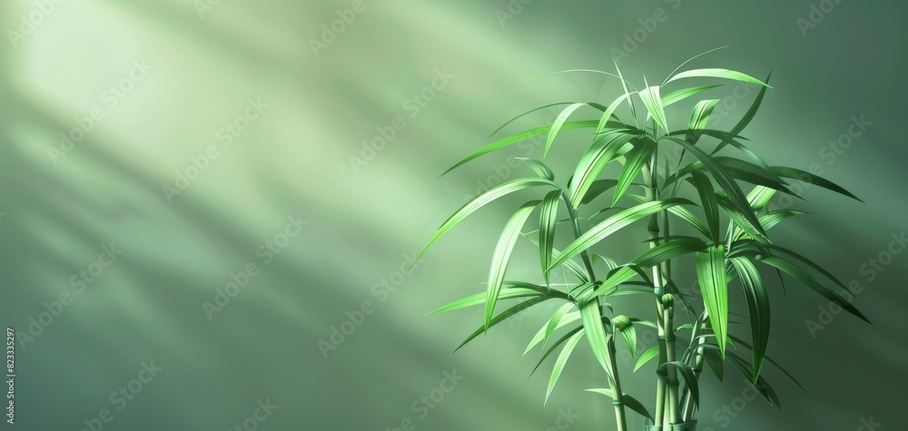 Obraz premium Lucky bamboo plant in a minimalist setting, soft natural light, detailed leaves serene ambiance, centered composition