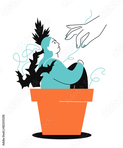 Solve psychological problems - colorful flat design style illustration with linear elements. Orange and blue picture with man in flower pot shrouded in weeds - difficulties. Metaphor of hardships