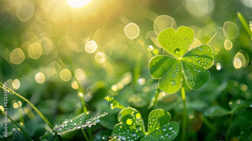 Lucky four-leaf clover in a dewy meadow, morning light, vibrant green serene atmosphere Lucky four-leaf clover in a dewy meadow, morning light, vibrant green serene atmosphere