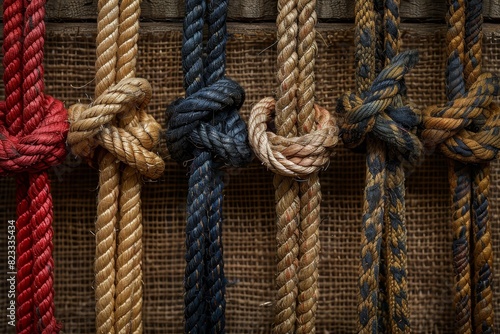 Various colored ropes tied into knots displayed against a burlap background, showcasing different textures and patterns.