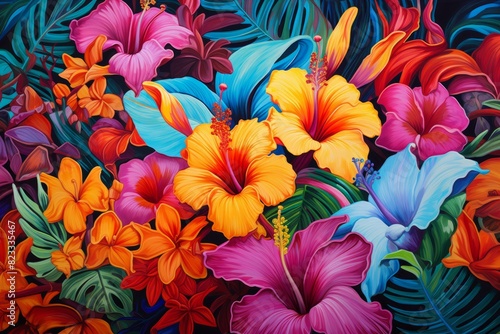 Wallpaper Mural Exquisite hand-drawn illustration of vibrant tropical hibiscus flowers and lush foliage. Creating a stunning and detailed floral background with vivid colors and ornate botanical art. Wallpaper Torontodigital.ca