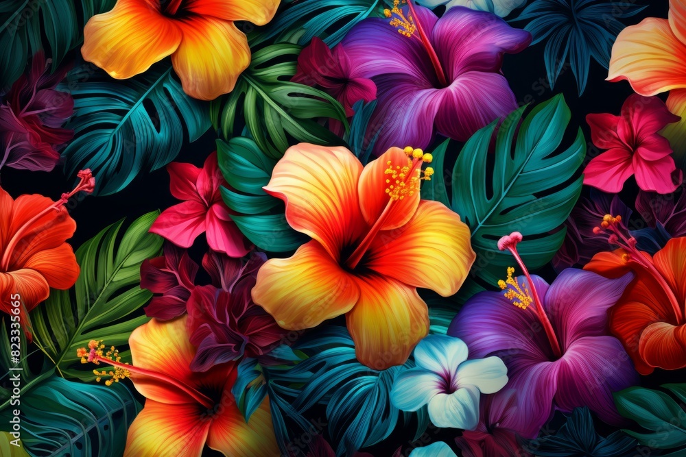 Vibrant tropical floral pattern with hibiscus and lush foliage botanical illustration on a dark background, perfect for nature-inspired textile and wallpaper designs Vibrant tropical floral pattern with hibiscus and lush foliage botanical illustration on a dark background, perfect for nature-inspired textile and wallpaper designs