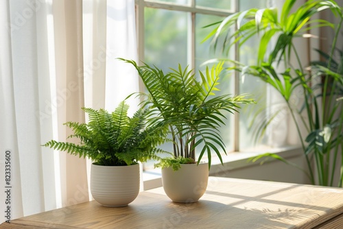 a green plant in a pot on a table in front of a window