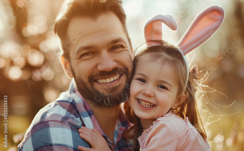 Portrait of dad and daughter, tender embrace on easter day. Girl wearing Easter bunny ears on her head, smiling, hugging her daddy. Tender relationship with daddy. Daddy's day. Easter day