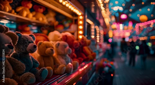 A dynamic image of rows of fun fair game prizes. Prizes are soft toys of different sizes, with colorful canopies and lights in the background creating a fun atmosphere. Happy people walk around, photo