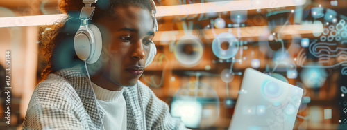 Young afro american man immersed in online learning, his headphones and rapt expression reflecting a profound engagement with the digital world within a modern library sanctuary.
